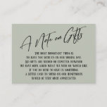A Note on Gifts Modern Handwriting Wedding Sage Enclosure Card<br><div class="desc">These simple, distinctive card inserts were designed to match other items in a growing event suite that features a modern casual handwriting font over a plain background you can change to any color you like. On the front side you read "A Note on Gifts" in the featured type; on the...</div>