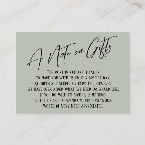 A Note on Gifts Modern Handwriting Wedding Sage Enclosure Card