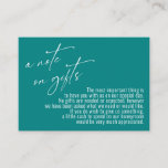 A Note on Gifts Modern Handwriting Wedding Teal Enclosure Card<br><div class="desc">These simple, distinctive card inserts were designed to match other items in a growing event suite that features a modern casual handwriting font over a plain background you can change to any color you like. On the front side you read "a note on gifts" in the featured type; on the...</div>