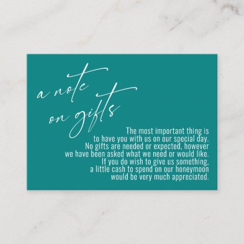 A Note on Gifts Modern Handwriting Wedding Teal Enclosure Card