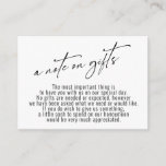 A Note on Gifts Modern Handwriting Wedding White Enclosure Card<br><div class="desc">These simple, distinctive card inserts were designed to match other items in a growing event suite that features a modern casual handwriting font over a plain background you can change to any color you like. On the front side you read "a note on gifts" in the featured type; on the...</div>