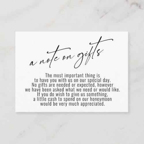 A Note on Gifts Modern Handwriting Wedding White Enclosure Card