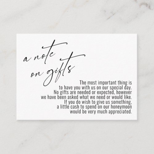 A Note on Gifts Modern Handwriting Wedding White Enclosure Card