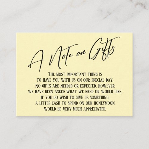 A Note on Gifts Modern Handwriting Wedding Yellow Enclosure Card