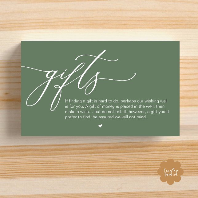 A note on gifts, Modern Romantic Wedding  Enclosure Card (A note on gifts, Modern Romantic Wedding Enclosure Card Cute Heart Honeymoon Cash Sage Green)