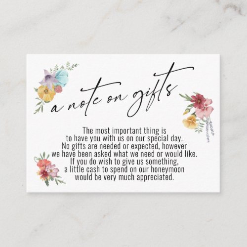 A Note on Gifts Painted Wildflowers Wedding Enclosure Card
