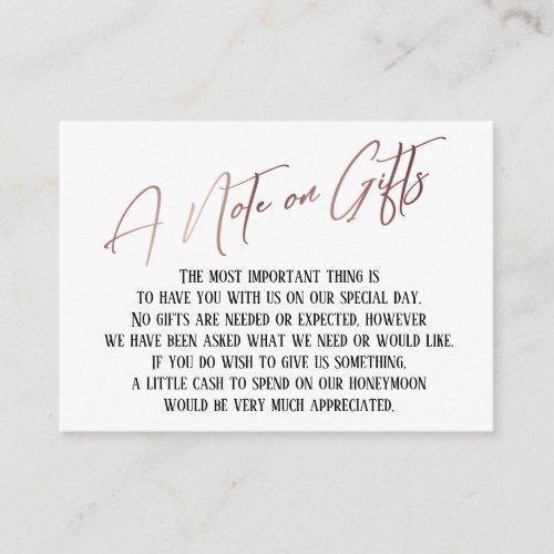 A Note on Gifts Rose Gold Handwriting Wedding Enclosure Card