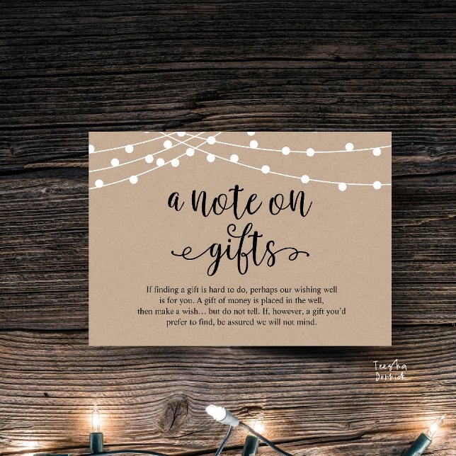 A Note On Gifts, Rustic Wedding Enclosure Card (A Note On Gifts, Rustic Wedding Enclosure Card brown Kraft String Lights Honeymoon Fund, Cash)