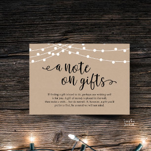 A Note On Gifts Rustic Wedding Kraft String Lights Enclosure Card