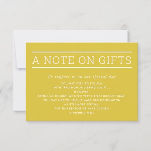 A NOTE ON GIFTS simple modern type mustard yellow Invitation
