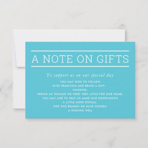 A NOTE ON GIFTS simple modern type turquoise blue Invitation