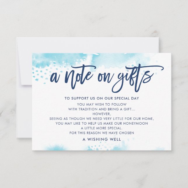 A NOTE ON GIFTS stylish aqua blue watercolor Invitation (Front)
