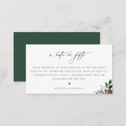 A Note On Gifts Winter Greenery Wedding Enclosure Card