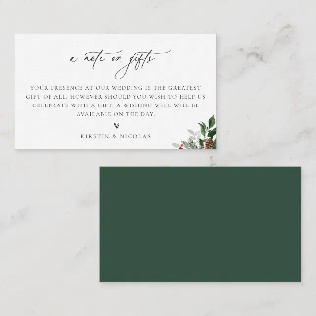 A Note On Gifts Winter Greenery Wedding Enclosure Card | Zazzle