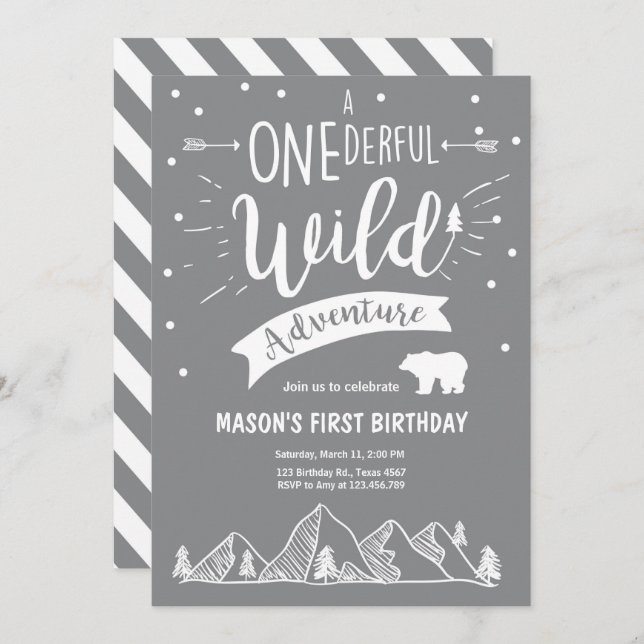 A Onederful Wild Adventure Birthday Invitation Boy (Front/Back)