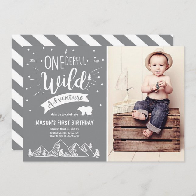 A Onederful Wild Adventure Birthday Invitation Boy (Front/Back)