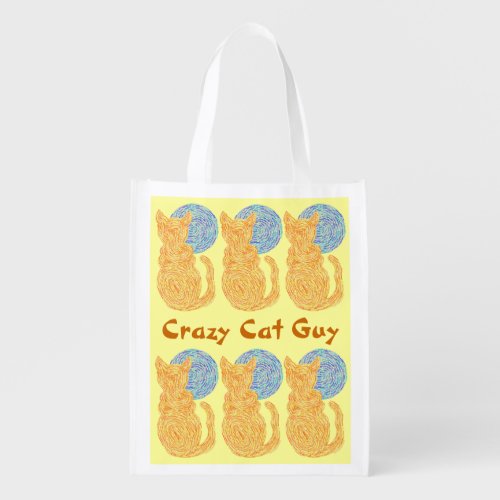 A Orange Cat And Moon Custom Crazy Cat Guy Grocery Bag