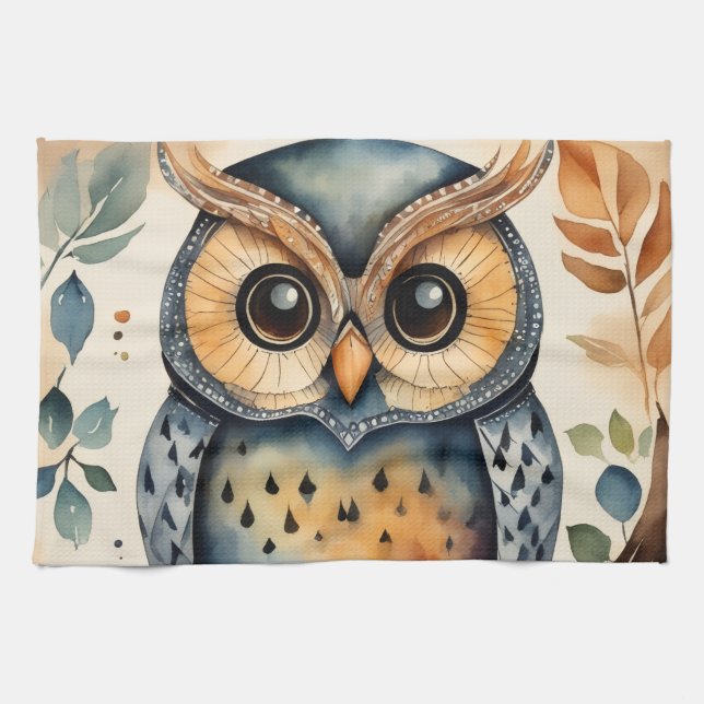 A owl that has a primitive touch Kitchen Towels (Horizontal)