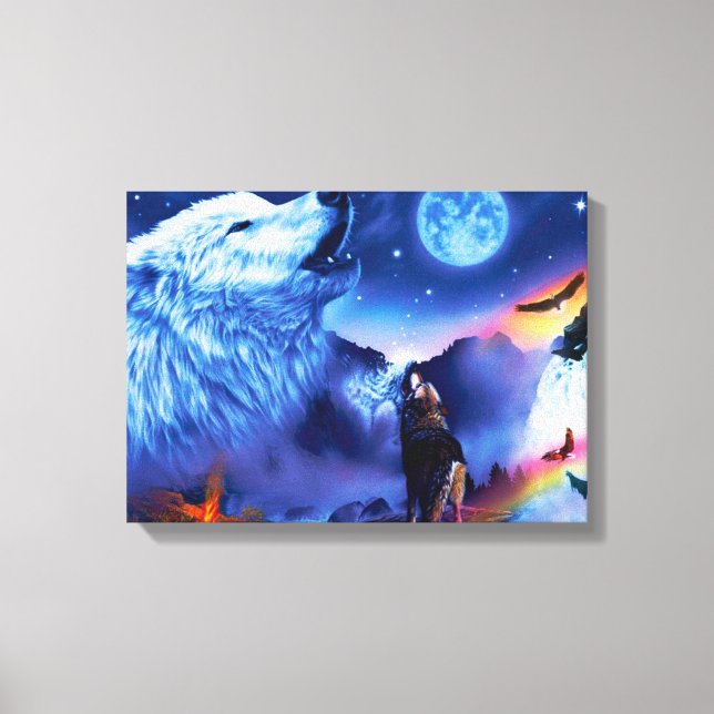 A pack of wolves on a dark night canvas print (Front)
