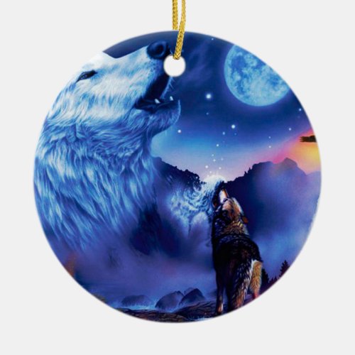 A pack of wolves on a dark night ceramic ornament