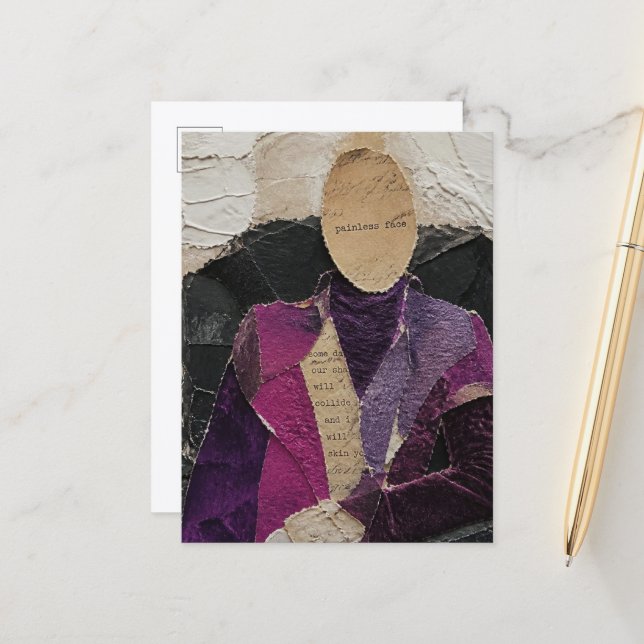 A Painless Face Torn Paper Mixed Media Collage Postcard (Front/Back In Situ)