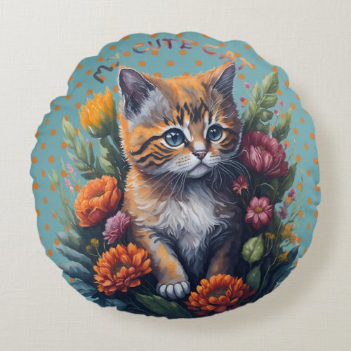 A Painting of a Cat Surrounding Flowers lowers  Round Pillow