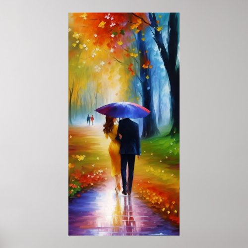 a painting of a couple walking in the rain poster