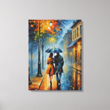 a painting of a couple walking on a rainy street 