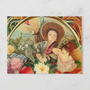 a painting of a dog laying on a blanket next to a invitation postcard