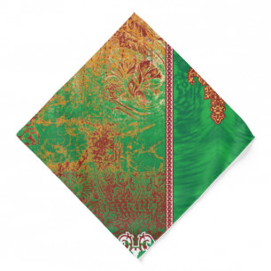 a painting of a green field with an orange border bandana