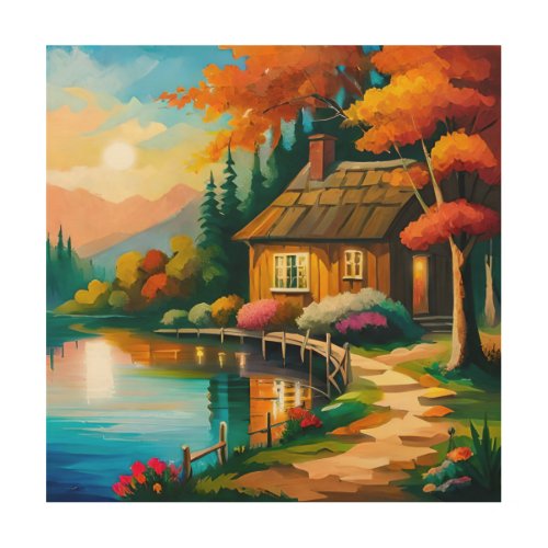 A Painting of a House by the River Wood Wall Art