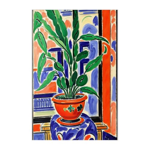 a painting of a potted plant on a table acrylic print