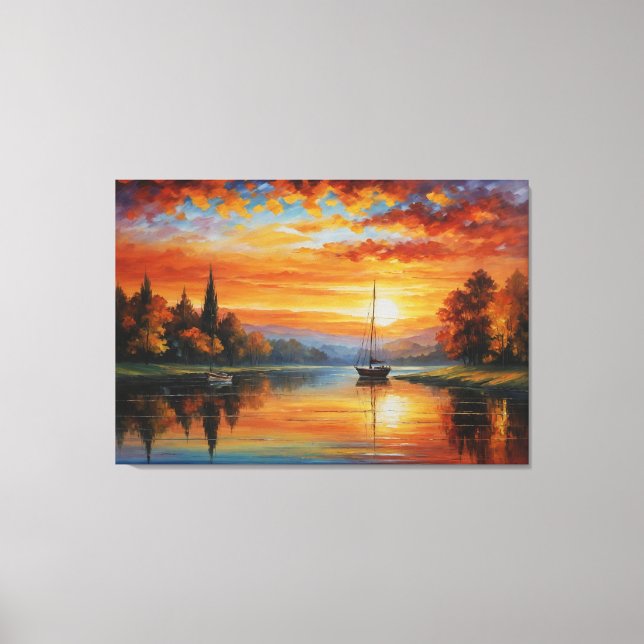 a painting of a sunset over a lake canvas print (Front)