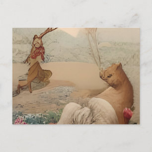 a painting of a woman and two animals invitation postcard