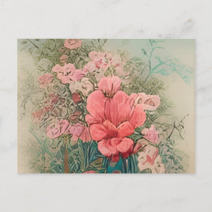 a painting of pink flowers in a blue vase invitation postcard