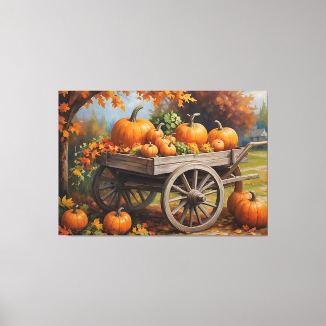 a painting of pumpkins on a cart canvas print (Front)
