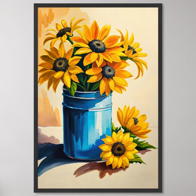 a painting of sunflowers in a blue vase framed art (Framed Front)