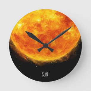 A painting of the sun in a space round clock
