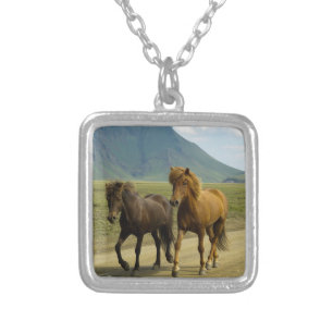 A Pair of Brown Icelandic Ponies Silver Plated Necklace