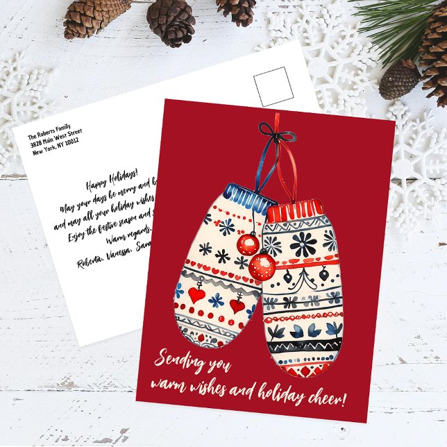 A Pair of Cozy Knitted Mittens Christmas Holiday Postcard (Creator Uploaded)