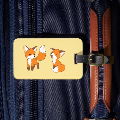 A Pair of Cute Little Fox on Yellow Luggage Tag