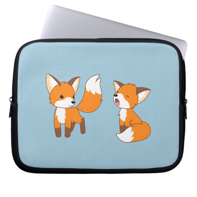 A Pair of Cute Little Foxes on Blue Laptop Sleeve (Front)