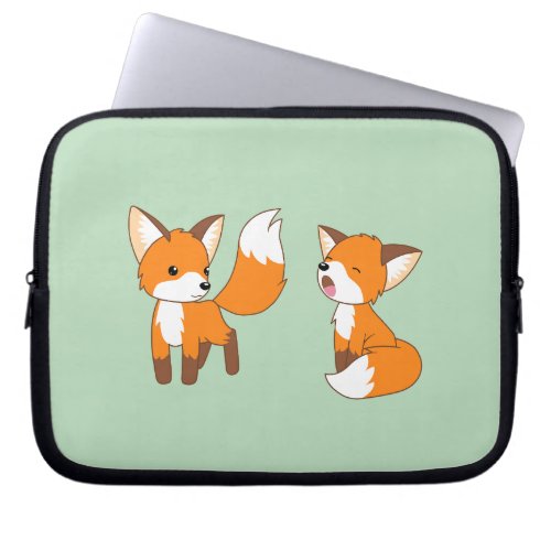 A Pair of Cute Little Foxes on Green Laptop Sleeve