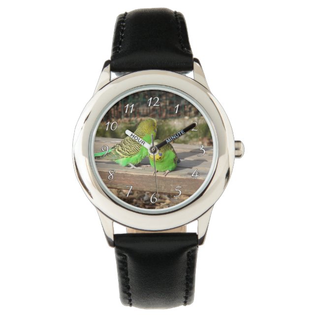 A Pair of Green Budgies on a wooden bench Watch (Front)