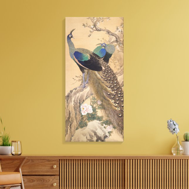 A Pair of Peacocks in Spring by Imao Keinen Canvas Print (Insitu(LivingRoom))