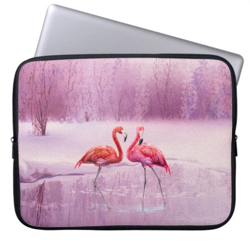 A pair of pink flamingos stand in the water on the laptop sleeve