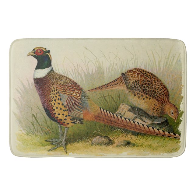 A pair of Ring necked pheasants in a grassy field Bathroom Mat (Front)