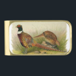 A pair of Ring necked pheasants in a grassy field Gold Finish Money Clip<br><div class="desc">Colored Drawing of a Ring Necked Pheasant rooster looking over his hen while she pecks for seeds in the clearing of a grass filled prairie. The Rooster is a rainbow of colors including green,  yellow,  oranges,  blues,  browns and whites. A pretty Upland Game bird.</div>