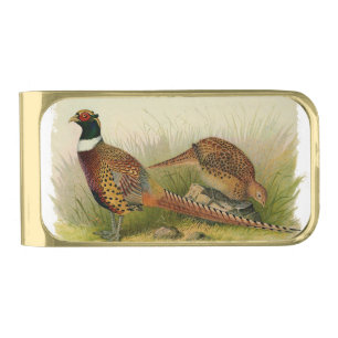 A pair of Ring necked pheasants in a grassy field Gold Finish Money Clip