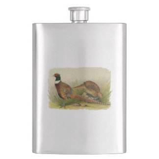 A pair of Ring necked pheasants in a grassy field Hip Flask